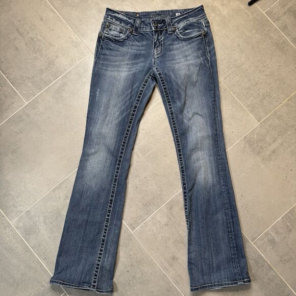 Miss Me JP5465B3 Bootcut Jeans Womens 28 Distressed Fleur-de-Lis Blue Denim - Picture 3 of 13